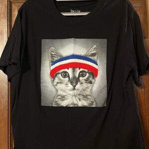 Zoe + Liv Black Tee with Cat in Red and Blue Headband